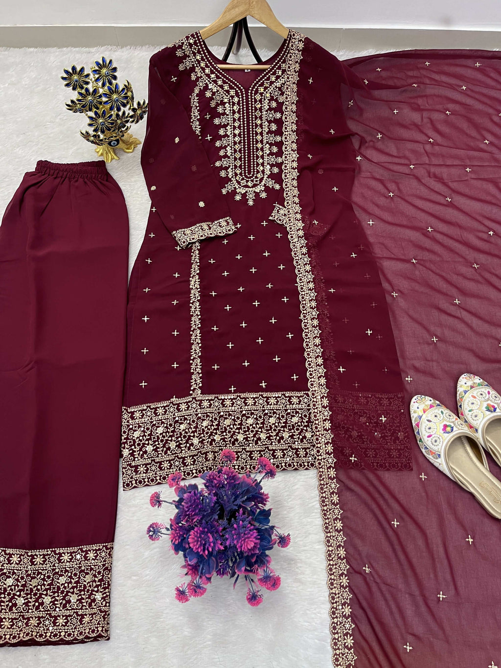Teeya Creation Maroon Color Faux Georgette Embroidery Work Party Wear Salwar Suit - Distacart