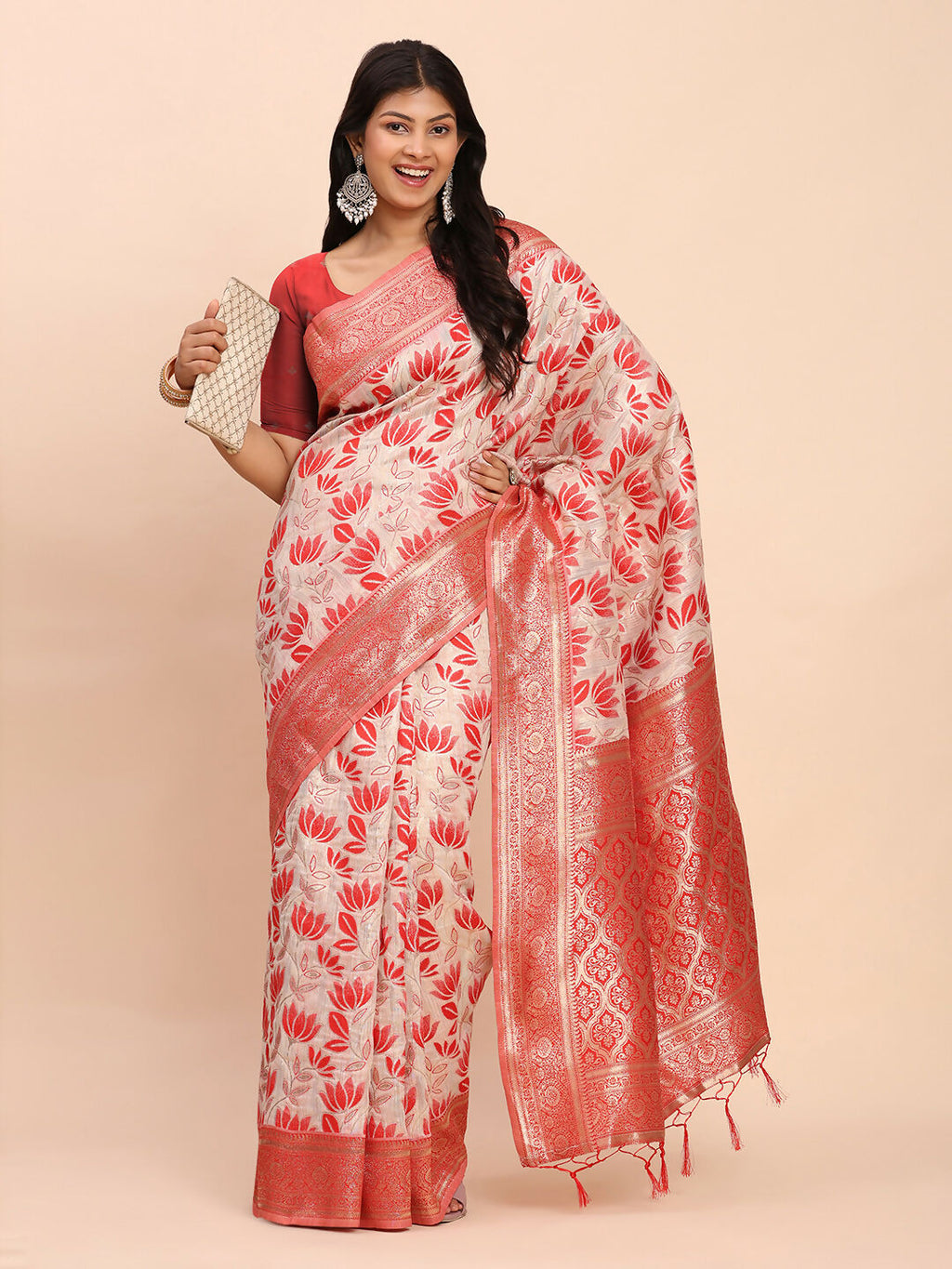 Shree Shyam Fashion Linen Cotton Red Saree - Distacart