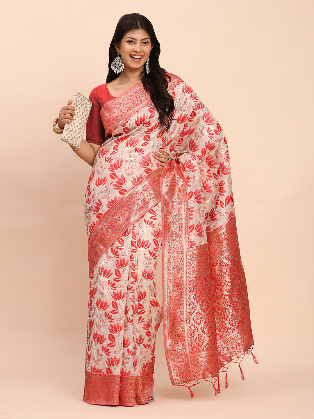 Shree Shyam Fashion Linen Cotton Red Saree - Distacart