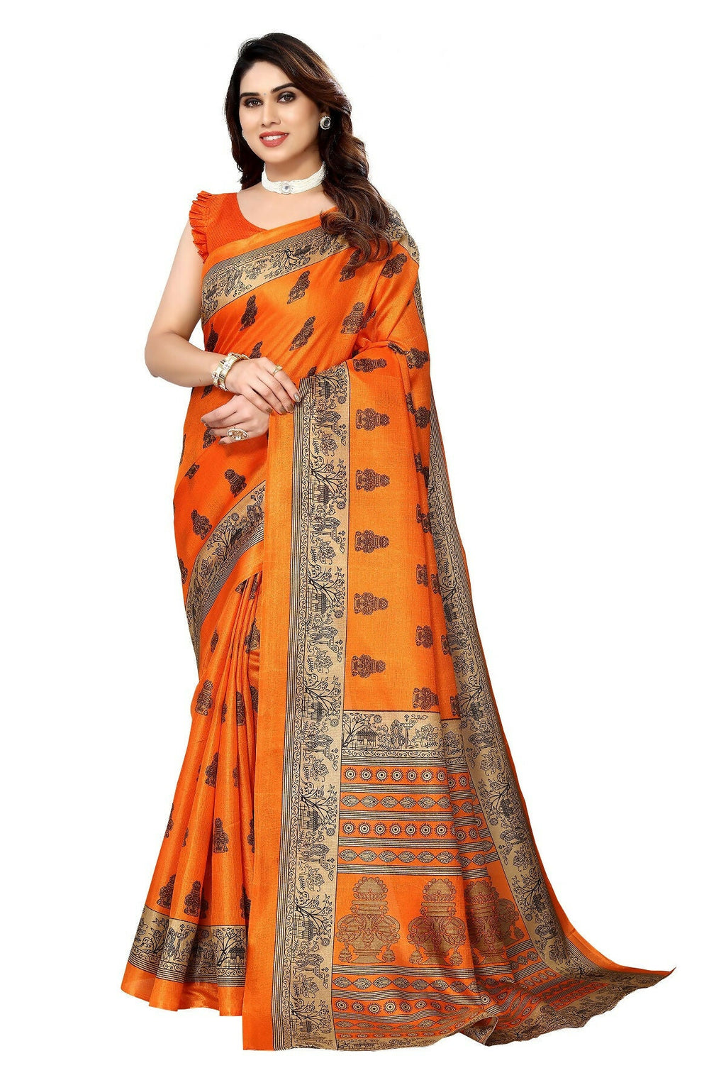 Vamika Orange Printed Art Silk Saree