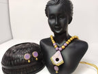 Terracotta Diamond Pendant Long Necklace Set With Studs-Lavender