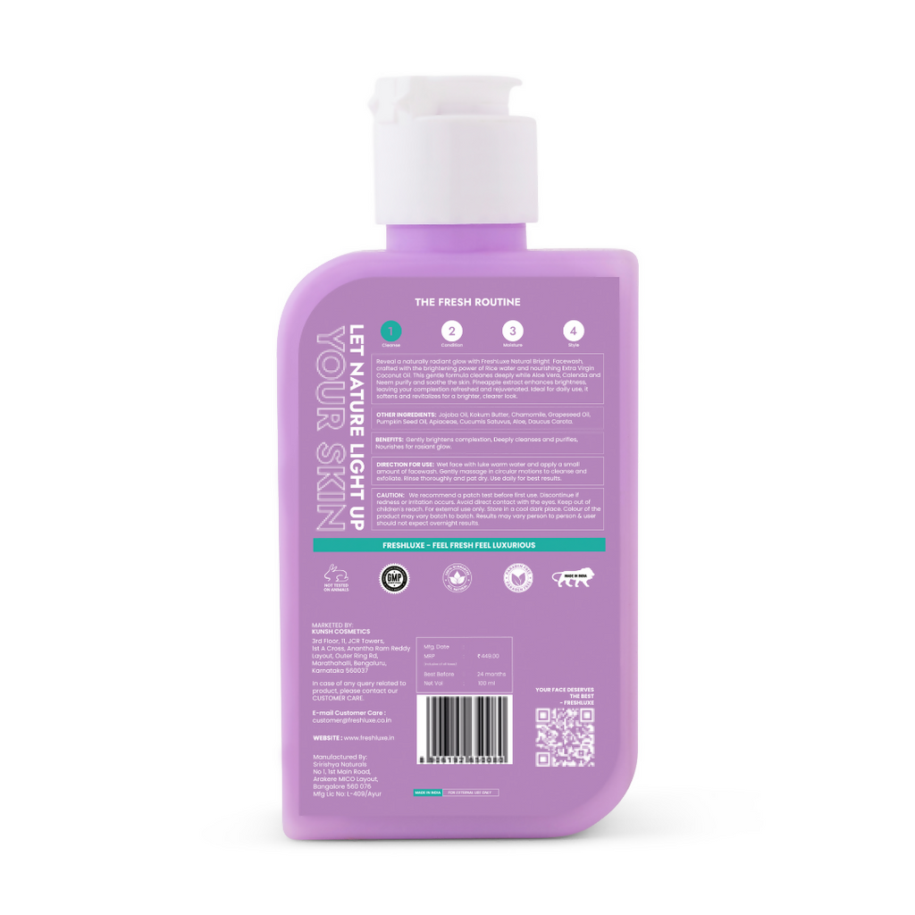 FreshLuxe Natural Bright Face Wash For Cleansing & Brightening Glass Skin with Rice Water & Extra Virgin Coconut Oil