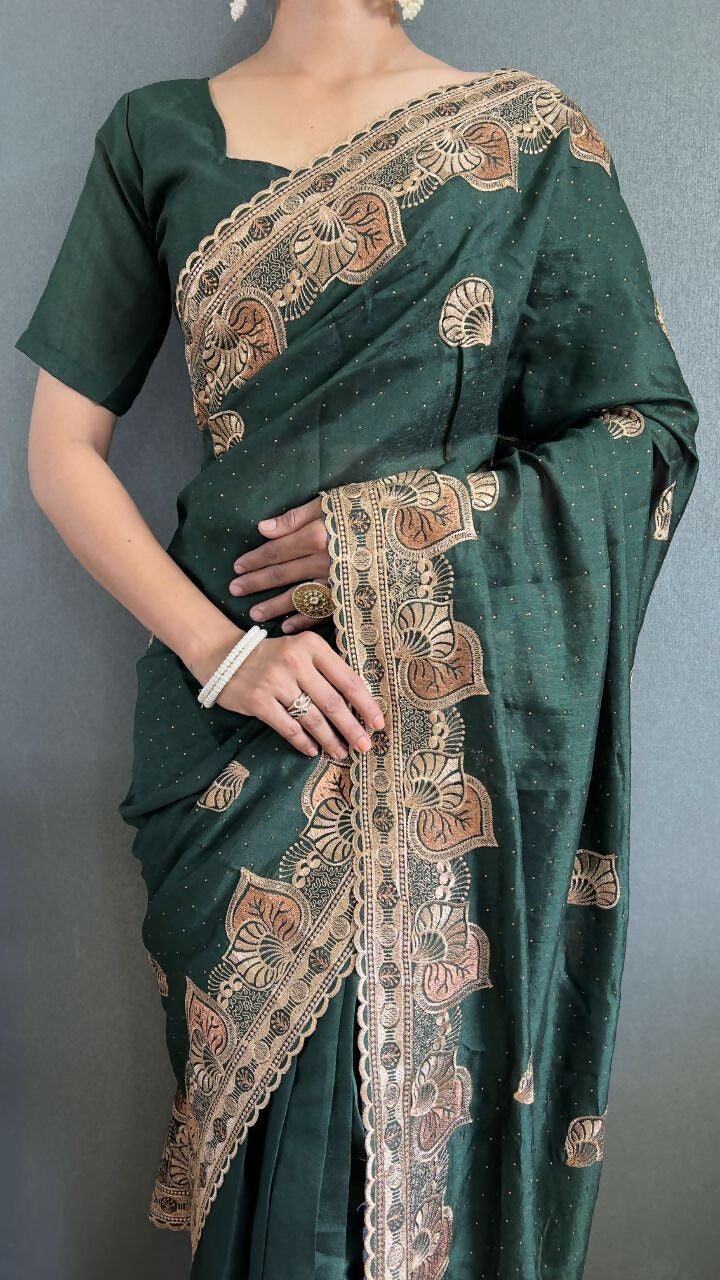Vastranavya Green Vichitra Silk Zari with Swarovski Work Ready to Wear Saree
