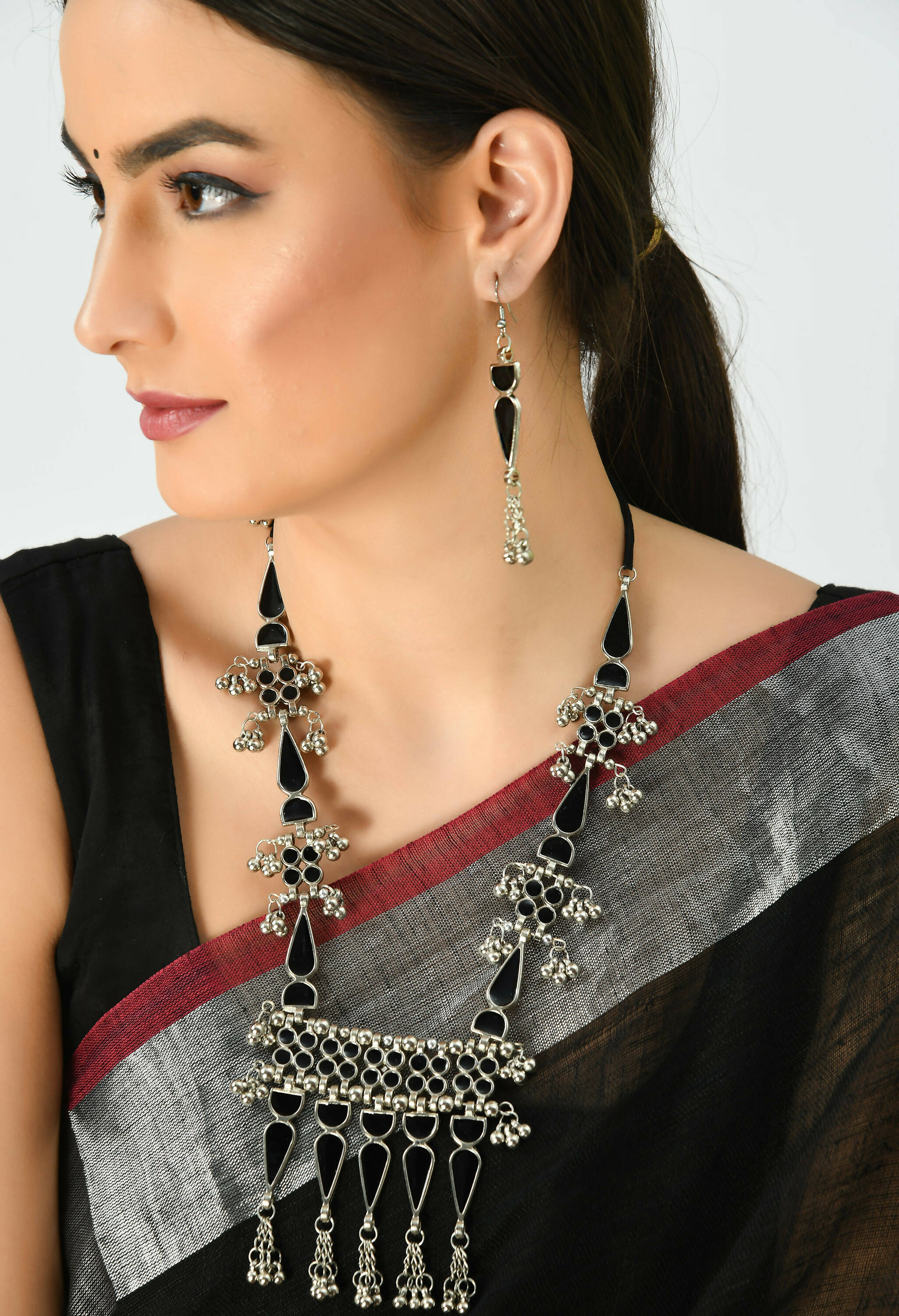 Mominos Fashion Johar Kamal Oxidised Silver-Plated Meenakari Long Necklace Set - Distacart