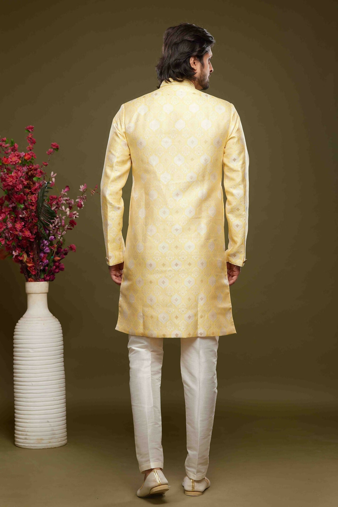 Raivat Ethnic Banarasi Jacquard Embroidery Semi Indo Western Sherwani In Yellow Colour