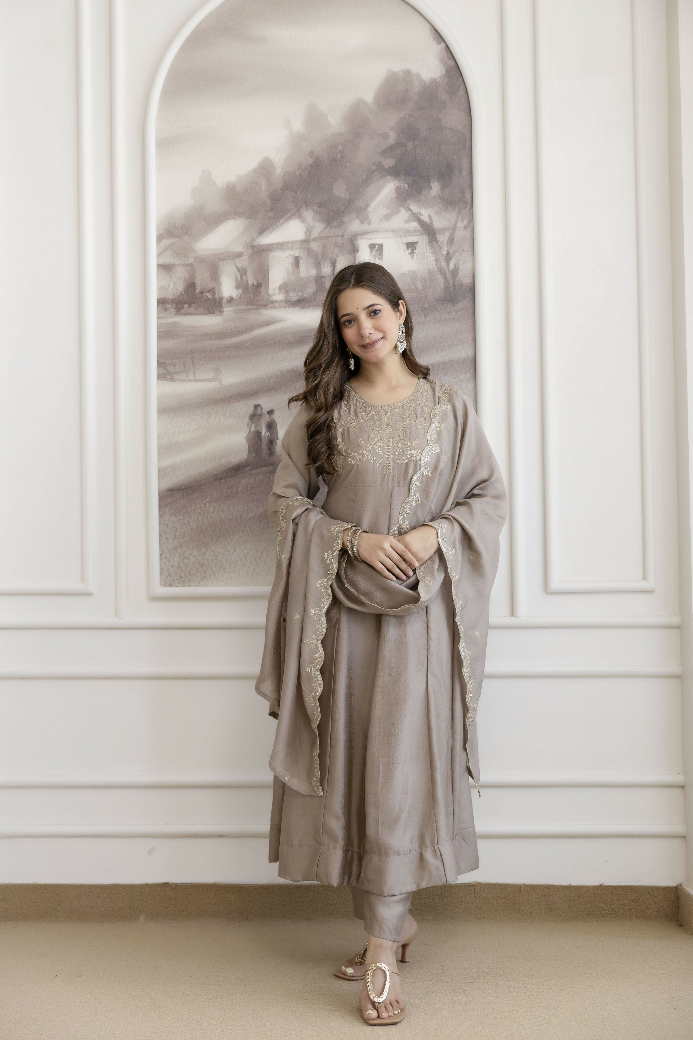 The52 Chiku Women's Beautiful Vichitra Silk Fabric Embroidered Work Flared Anarkali Pant and Dupatta Set - Distacart