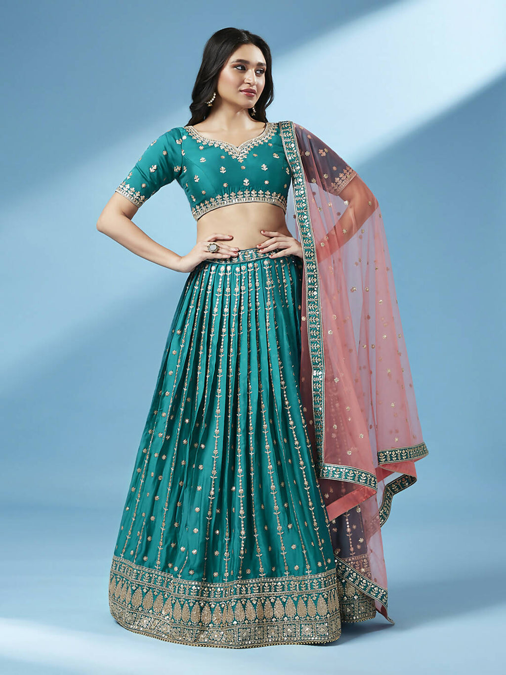 House of Panchhi Green Pure Georgette Sequins Embroidered Lehenga
