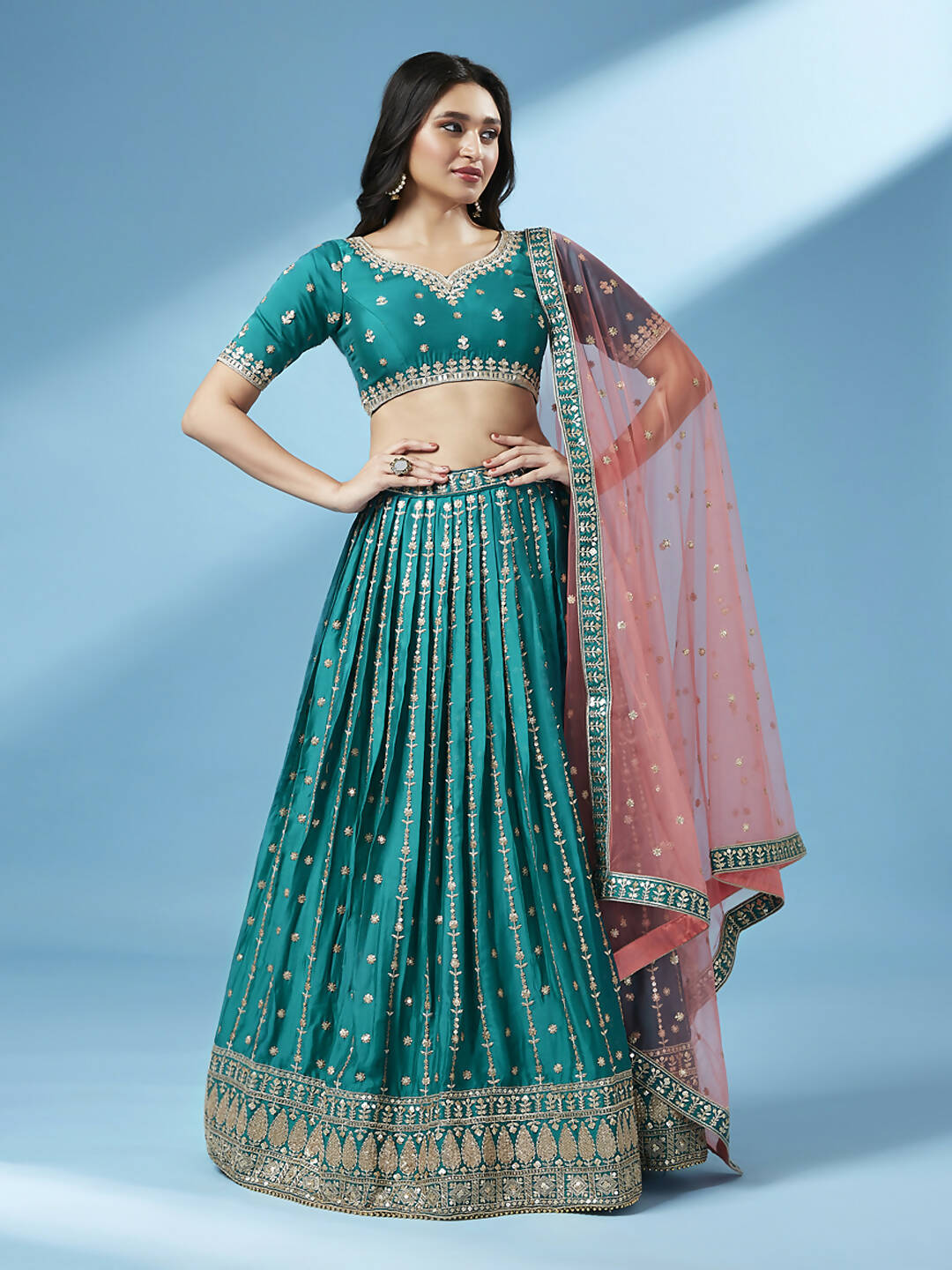 House of Panchhi Green Pure Georgette Sequins Embroidered Lehenga