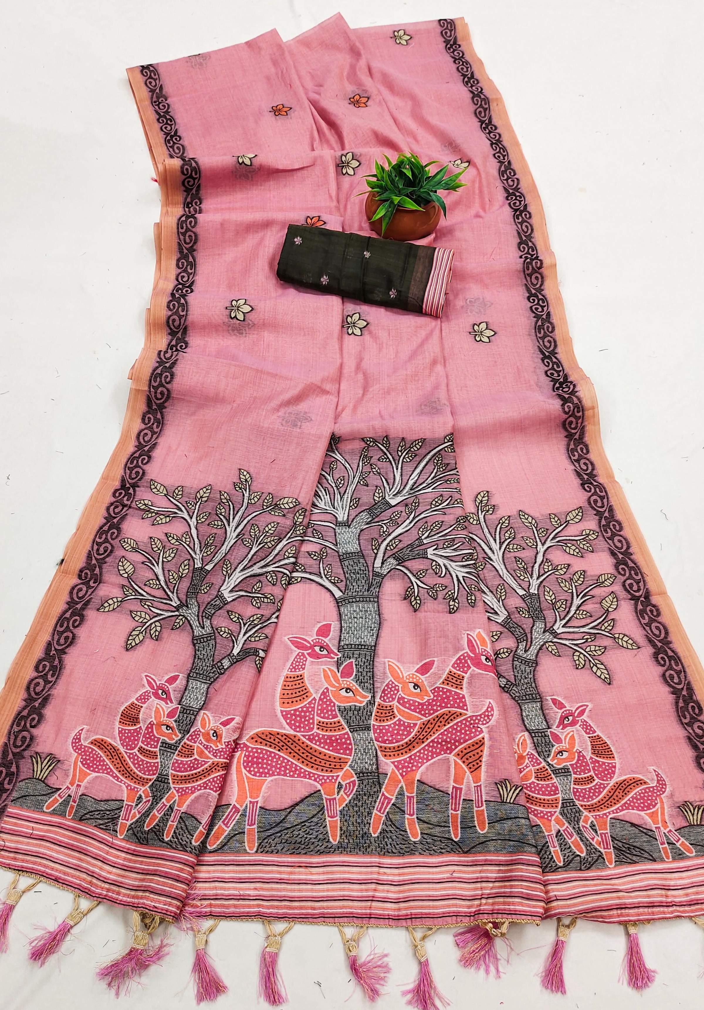 Vastranavya Pink Muga Cotton Meenakari & Azarakh Pallu Saree with Contrast Blouse - Distacart