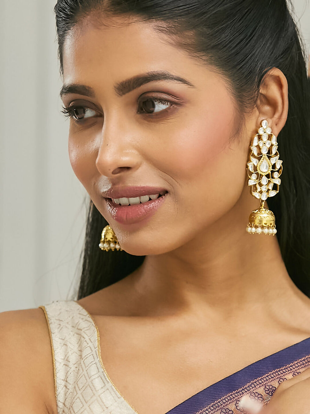 Nuyug 22K Gold-Plated Regal Kundan Stone Studded & Pearl Drop Jhumkas - Distacart