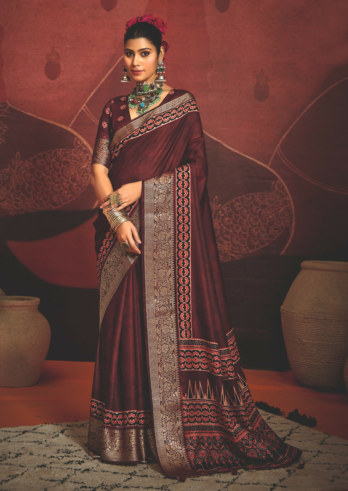 Joban Fashion Maroon Art Silk With Fine Viscose Border Ajrak Full Body Print With Soft Finish Saree - Distacart