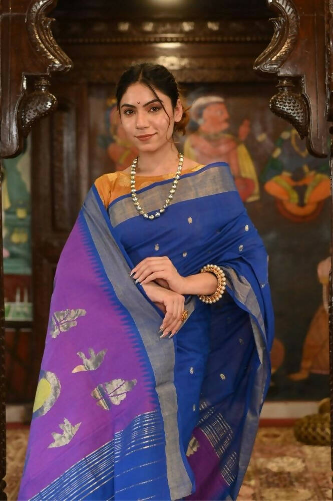 Very Much Indian Handloom Pure Cotton Paithani Swan Pallu-Marine Blue - Distacart