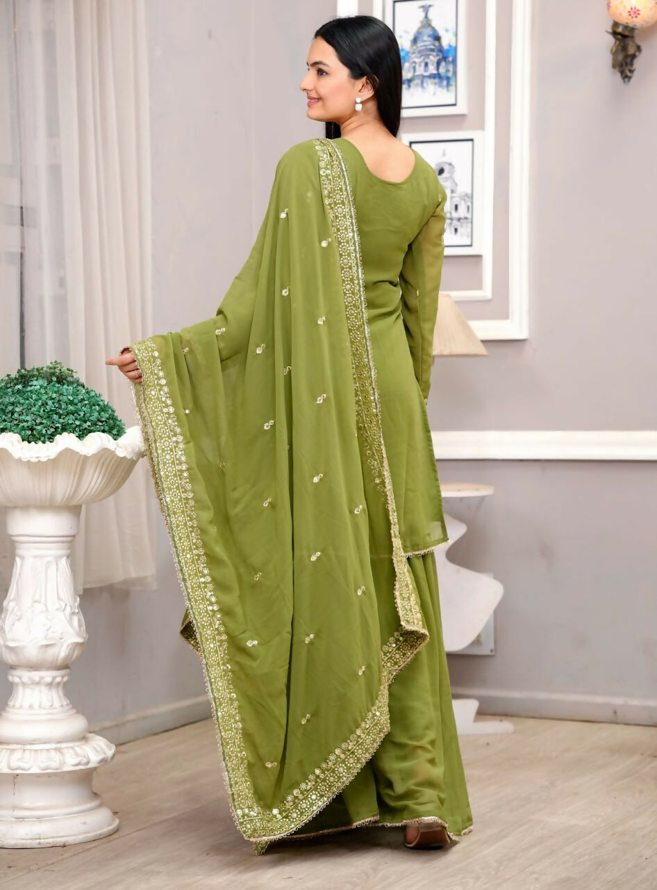 Teeya Creation Mehendi Green Faux Georgette Embroidery Work Sharara Set - Distacart