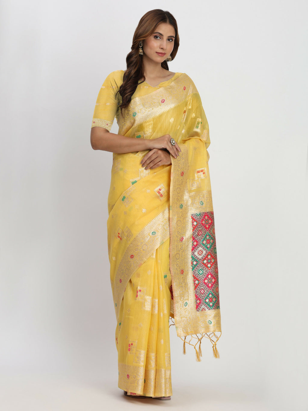 Shree Shyam Fashion Linen Cotton Yellow Saree - Distacart