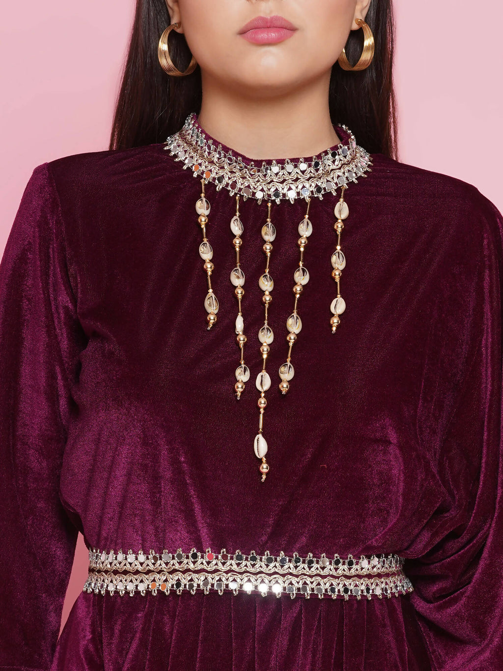 Women Republic Burgundy Velvet Kurta With Attached Neckalace,Belt And Pant - Distacart