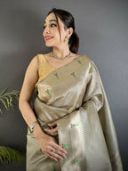 Joban Fashion Beige Peacock & Floral Motifs Tissue Paithani Saree