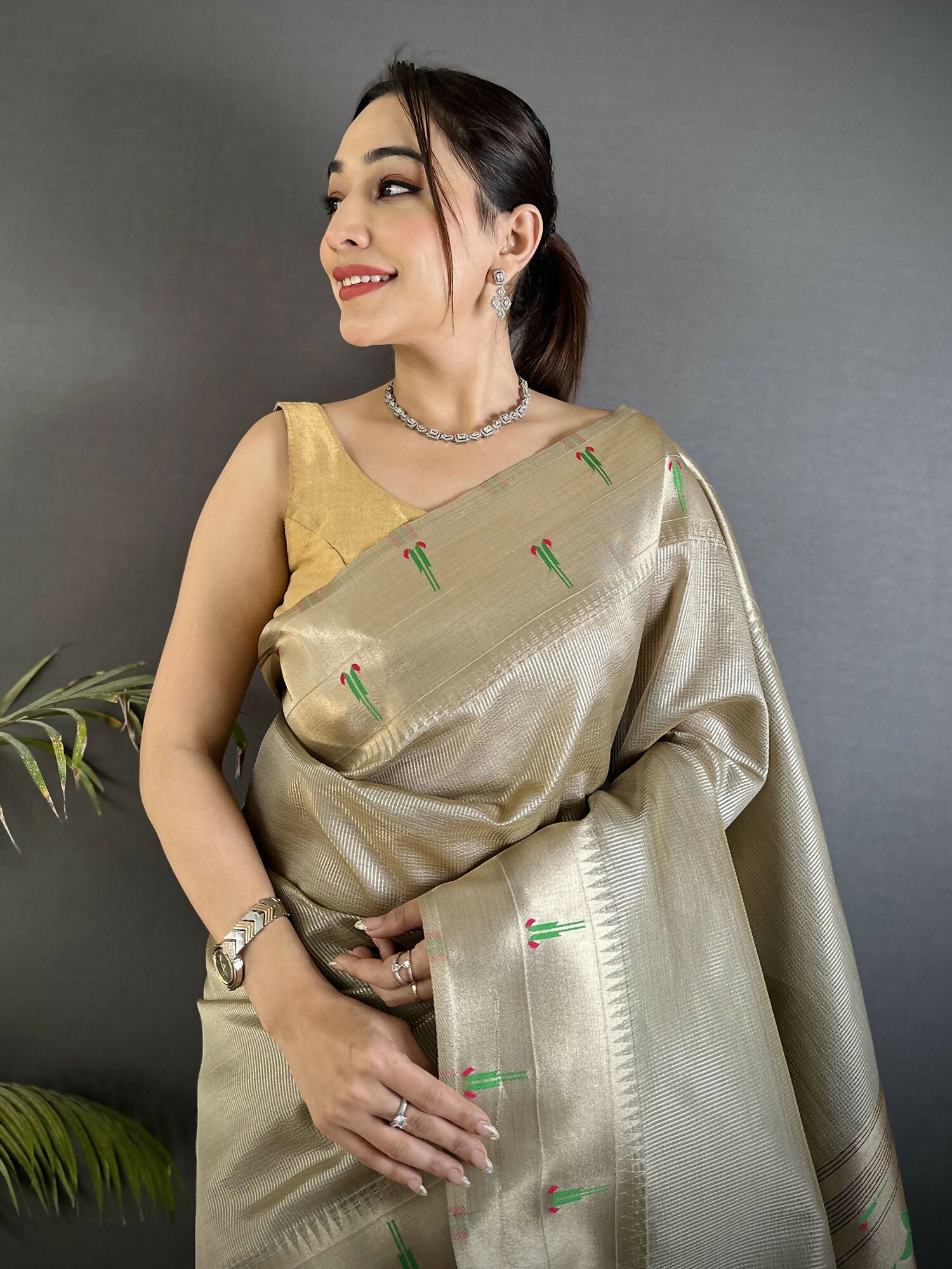 Joban Fashion Beige Peacock & Floral Motifs Tissue Paithani Saree