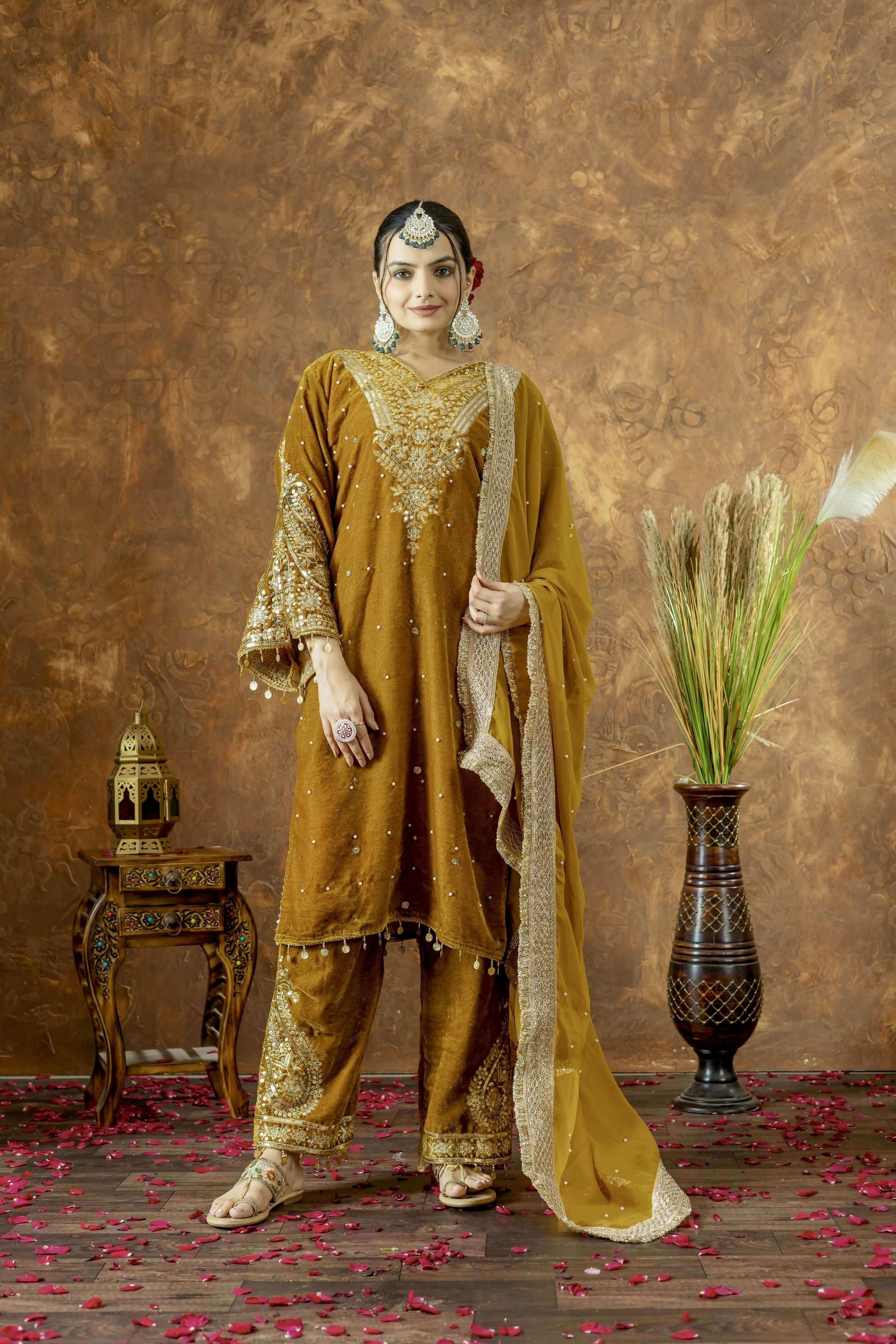 Teeya Creation Yellow Color Velvet Silk Embroidery Work Party Wear Suit - Distacart
