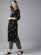 Yufta Women Black & White Ethnic Print Sequined Pure Cotton Kurta with Trouser and Dupatta