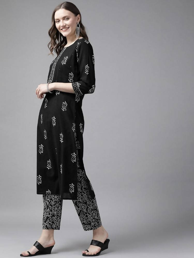 Yufta Women Black & White Ethnic Print Sequined Pure Cotton Kurta with Trouser and Dupatta