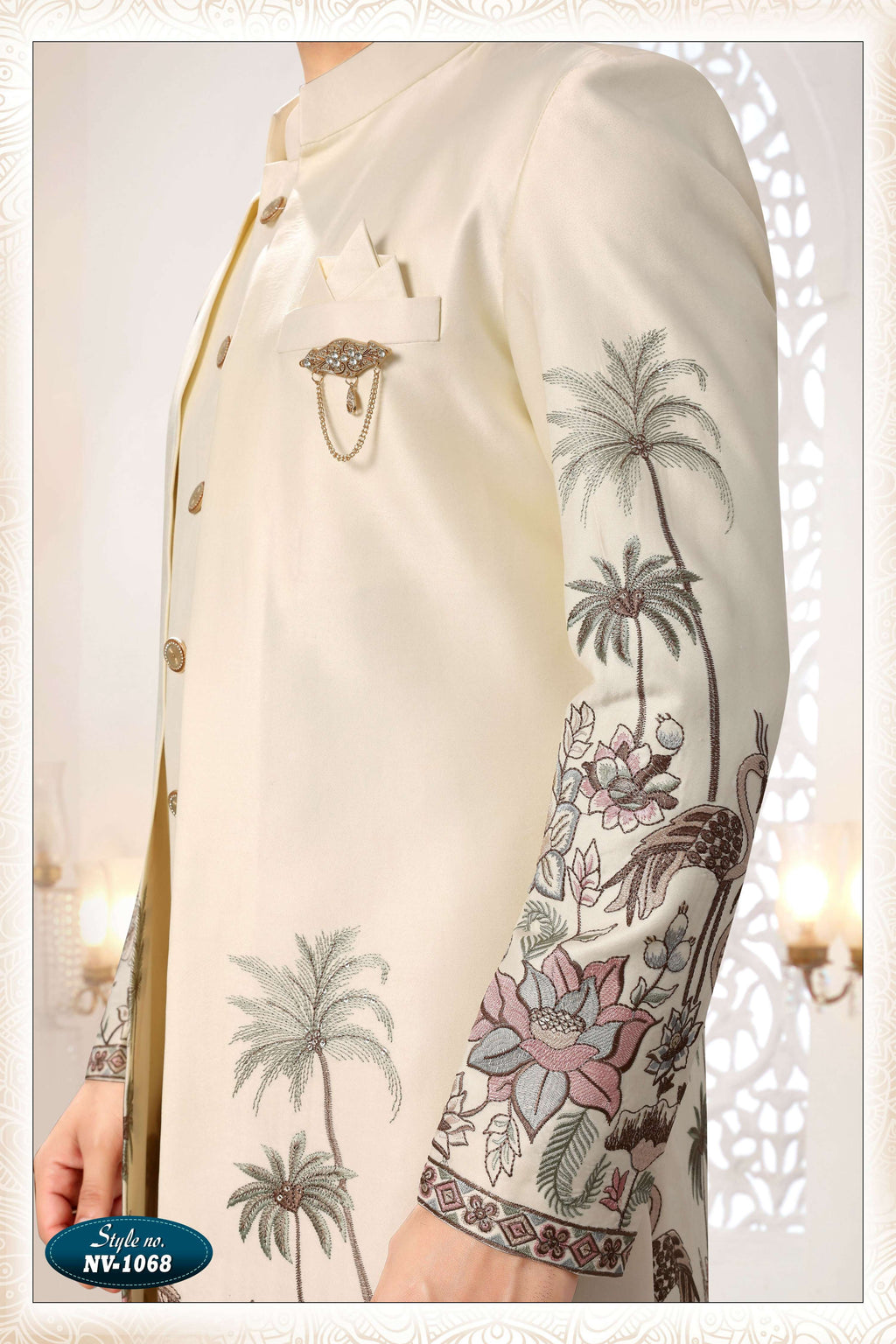 Joban Fashion Men's Cream Straight Silk Thread And Sequence Embroidery All Over 3 Pc Kurta Set
