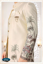Joban Fashion Men's Cream Straight Silk Thread And Sequence Embroidery All Over 3 Pc Kurta Set