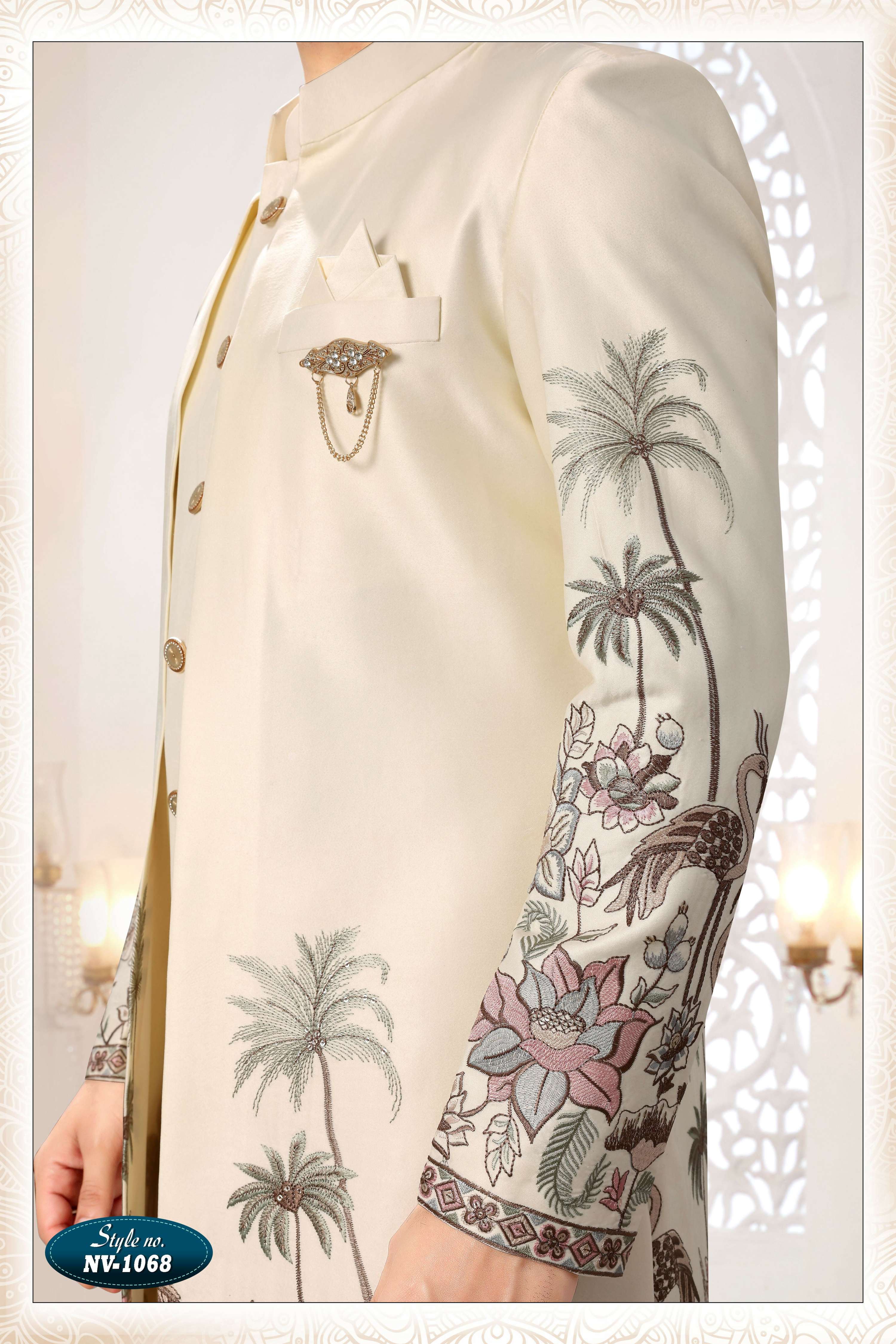 Joban Fashion Men's Cream Straight Silk Thread And Sequence Embroidery All Over 3 Pc Kurta Set