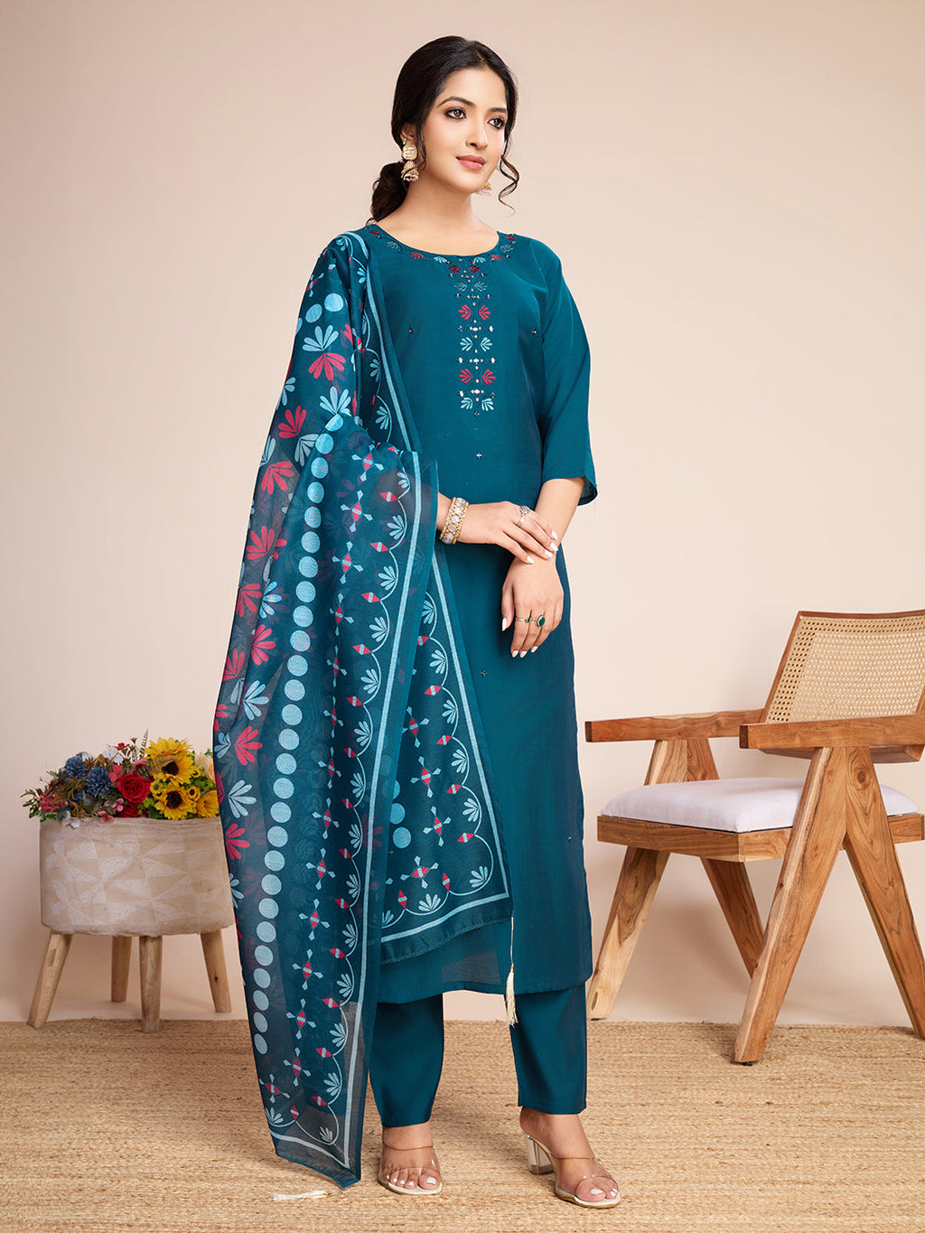Lorenvalley Rama Chanderi Roman Silk Embroidered with Mirror Work Kurta Set - Distacart