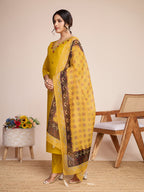 Lorenvalley Mustard Chanderi Roman Silk Embroidered with Mirror Work Kurta Set