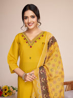 Lorenvalley Mustard Chanderi Roman Silk Embroidered with Mirror Work Kurta Set