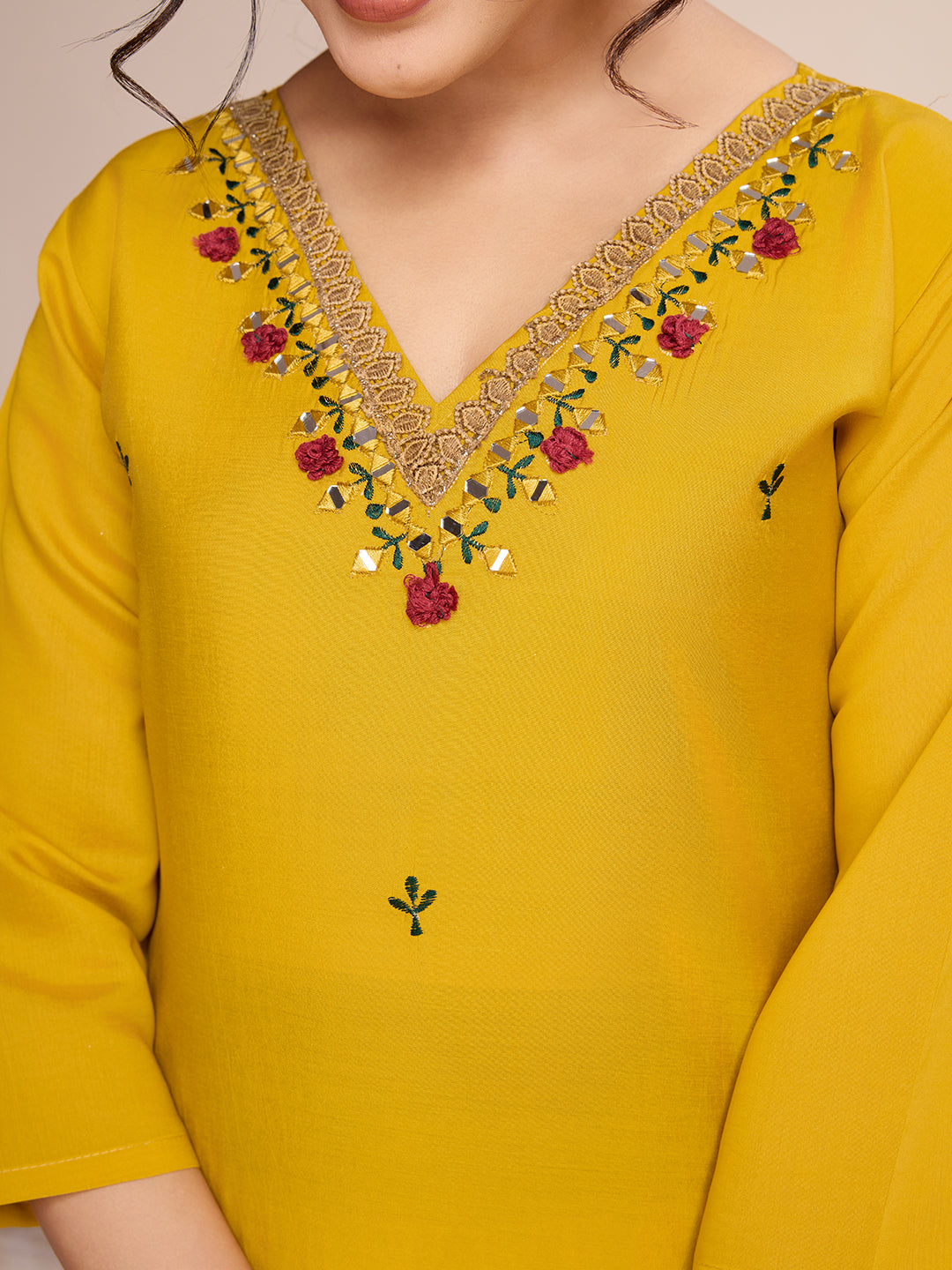 Lorenvalley Mustard Chanderi Roman Silk Embroidered with Mirror Work Kurta Set