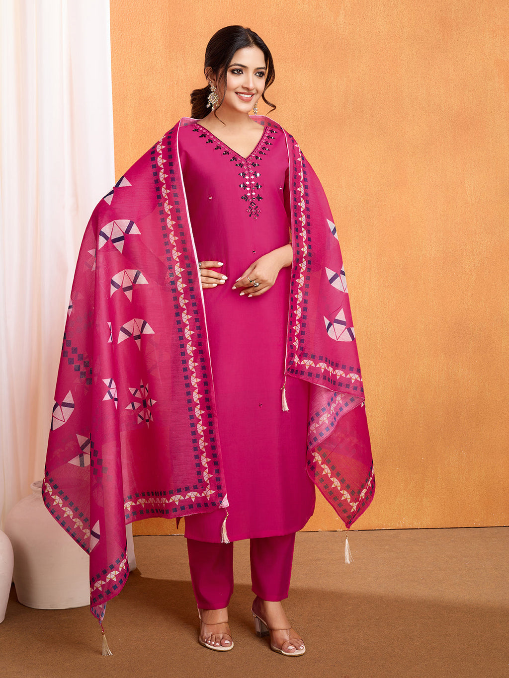 Lorenvalley Magenta Chanderi Roman Silk Embroidered with Mirror Work Kurta Set - Distacart
