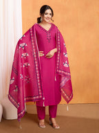 Lorenvalley Magenta Chanderi Roman Silk Embroidered with Mirror Work Kurta Set - Distacart