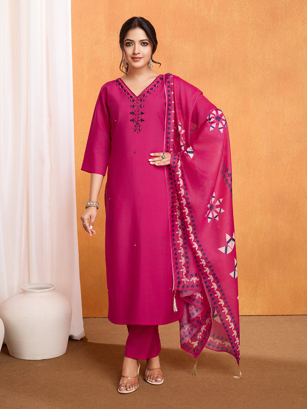 Lorenvalley Magenta Chanderi Roman Silk Embroidered with Mirror Work Kurta Set - Distacart