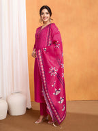 Lorenvalley Magenta Chanderi Roman Silk Embroidered with Mirror Work Kurta Set - Distacart