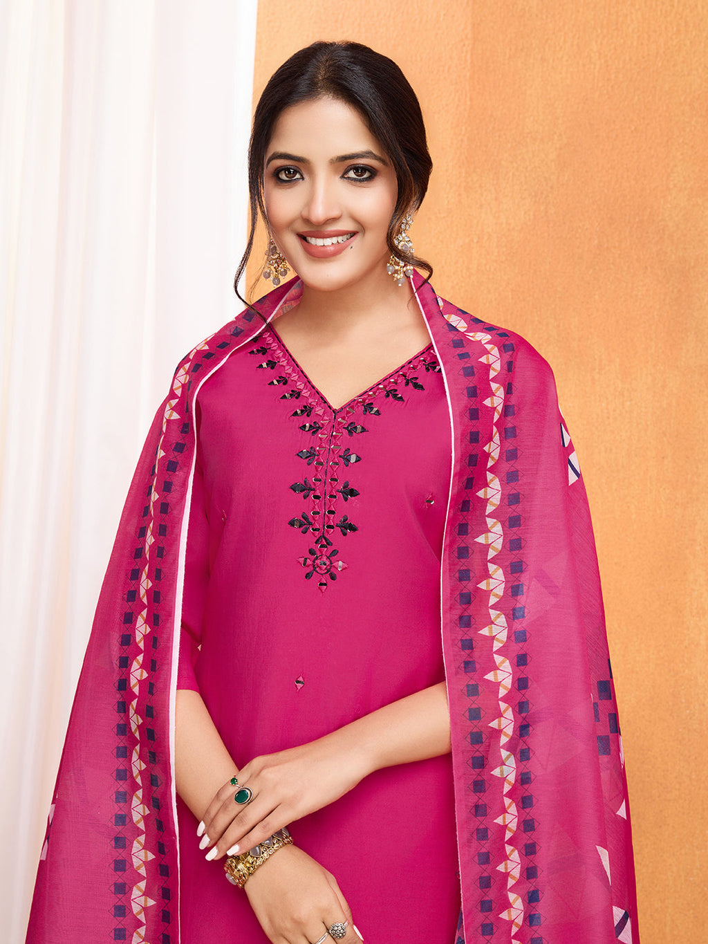 Lorenvalley Magenta Chanderi Roman Silk Embroidered with Mirror Work Kurta Set - Distacart