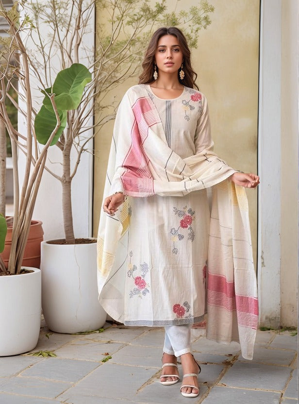 Lorenvalley Offwhite Pure Cotton Jacquard Weaving Kurta Set - Distacart