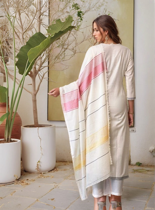 Lorenvalley Offwhite Pure Cotton Jacquard Weaving Kurta Set - Distacart