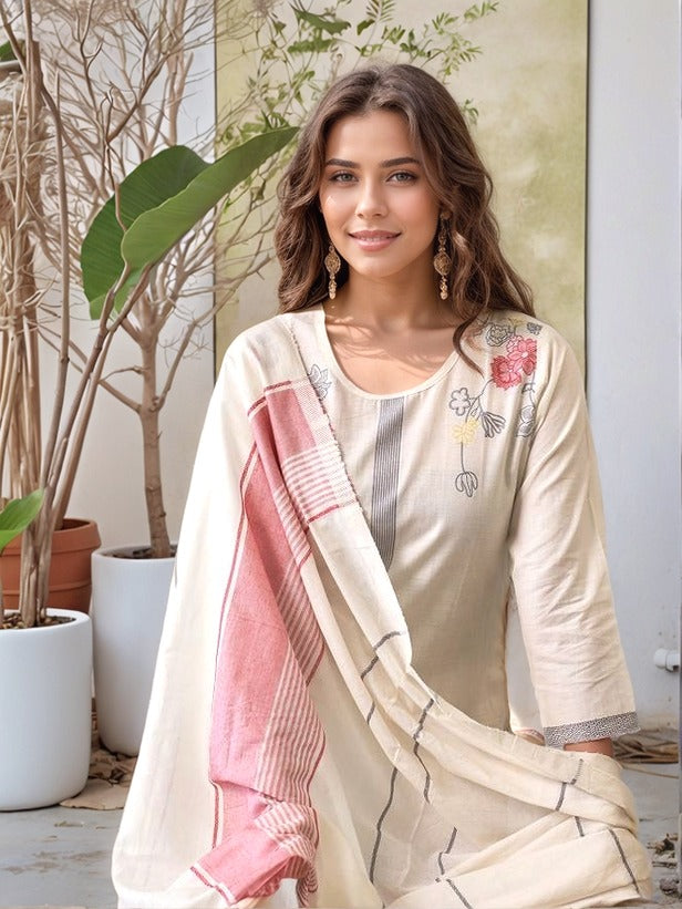 Lorenvalley Offwhite Pure Cotton Jacquard Weaving Kurta Set - Distacart