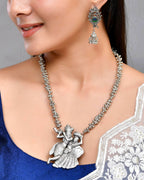 VOJ Silver Plated Oxidized Kanha Shape Long Necklace with Earring Set