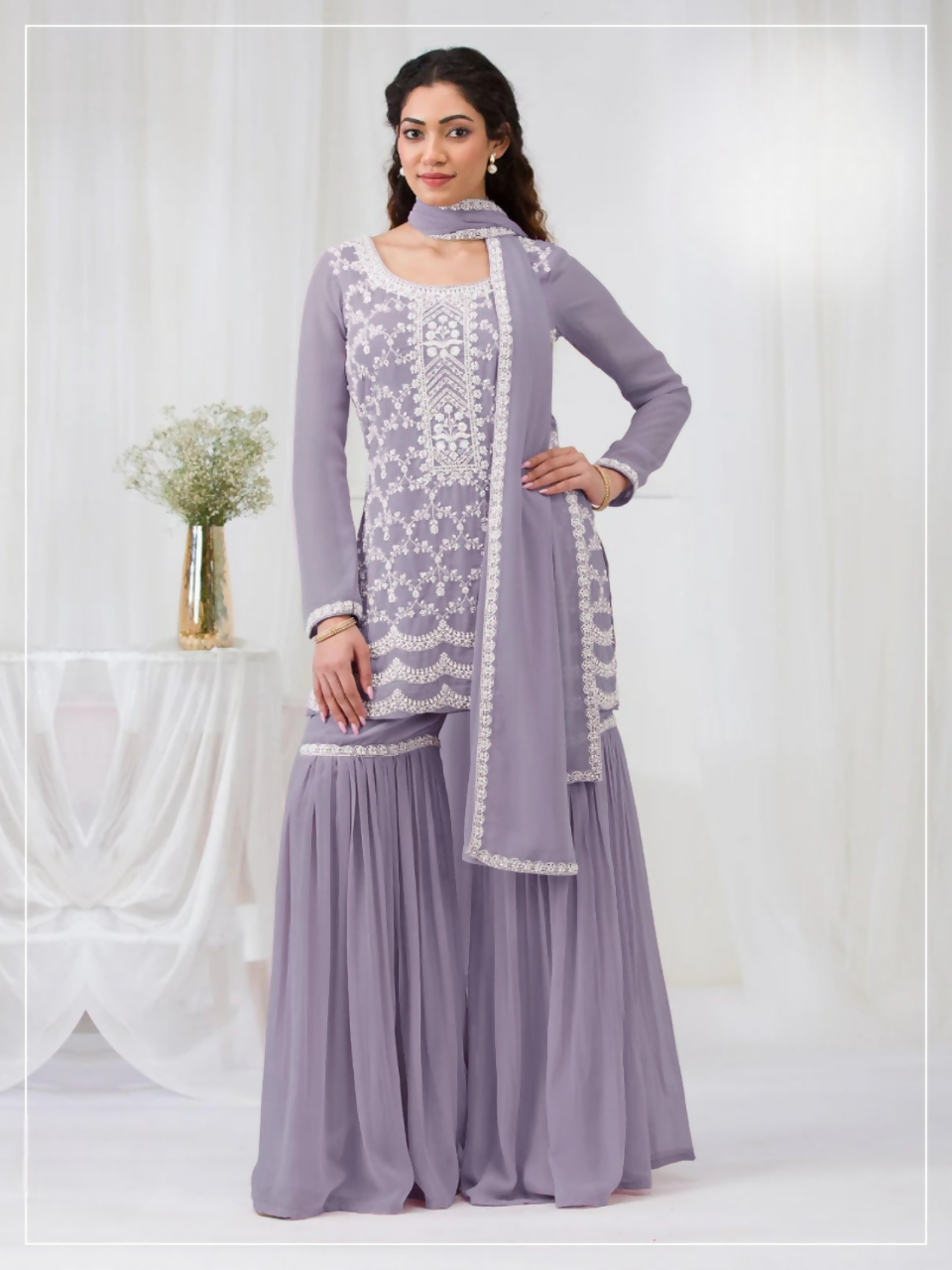 Anaita Lavender Faux Georgette Stitched Suit with Embroidery Cotton Thread & Sequence Work - Distacart