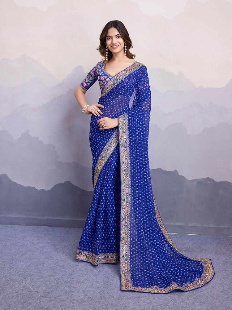 Blue Georgette Bandhani Printed,Embroidery Work Saree - Surkhi