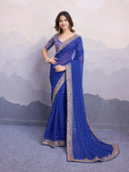 Blue Georgette Bandhani Printed,Embroidery Work Saree - Surkhi