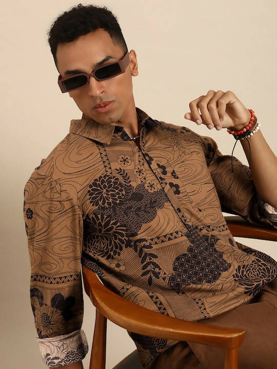Brown Men Pure Cotton Relaxed Floral Opaque Printed Casual Shirt - Mahotsav