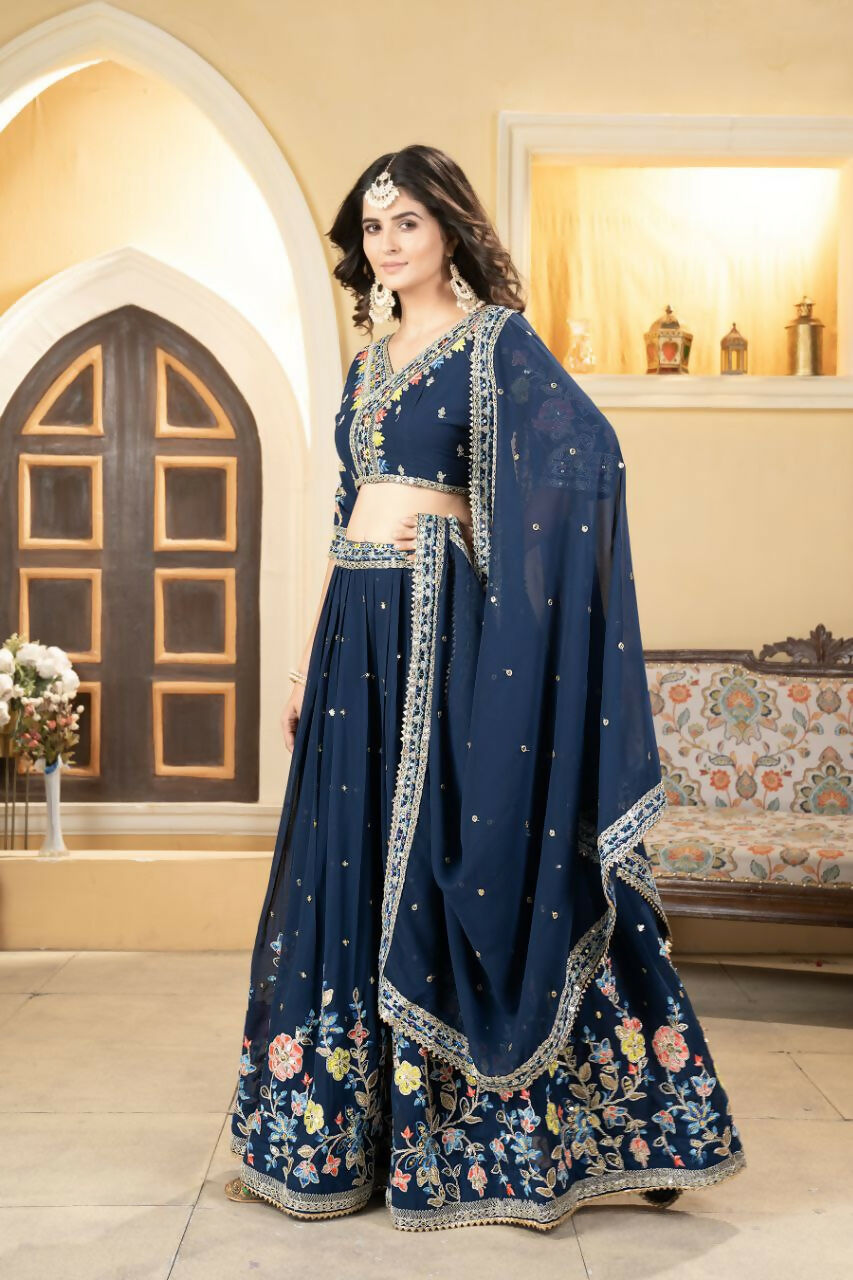 Eilara Prussian Blue Georgette Embroidered Panelled Style Lehenga