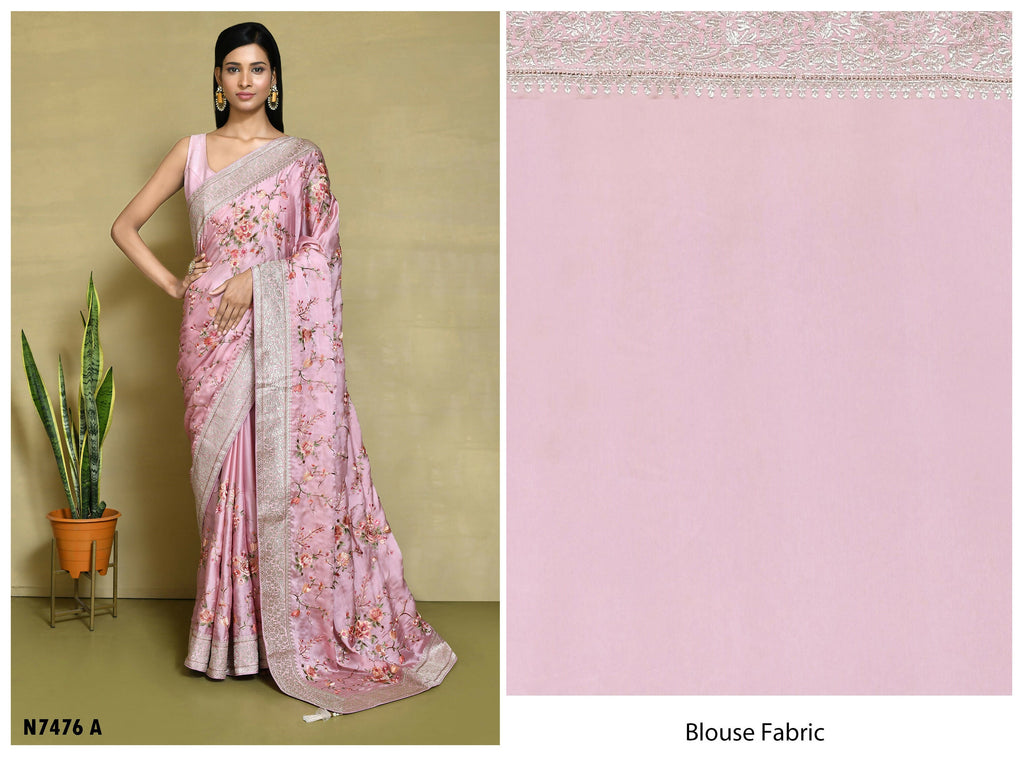 Pink Satin Silk Embroidered With Woven Design Border Festive Saree - Nimaya Denzy
