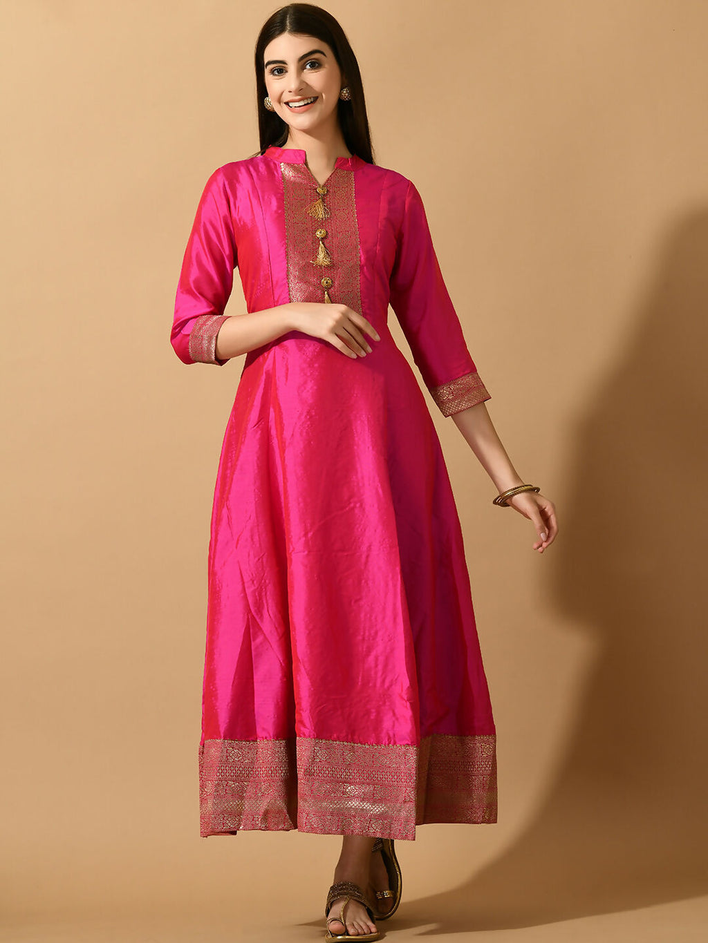 Myshka Women's Pink Silk Festive Anarkali Kurta