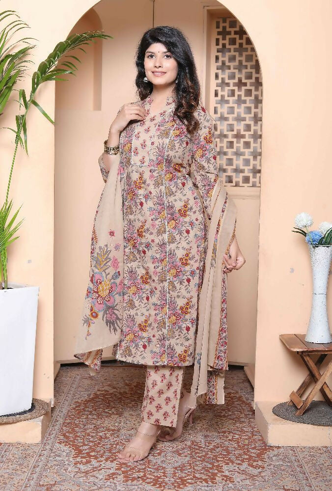 Miravan Womens Multicolor Floral Printed Pure Cotton Kurta And Palazzo With Dupatta Set - Distacart