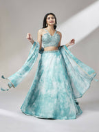 House of Panchhi Turquoise Blue Organza Floral Printed Lehenga choli & Dupatta
