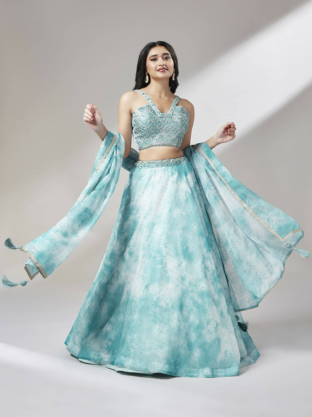 House of Panchhi Turquoise Blue Organza Floral Printed Lehenga choli & Dupatta